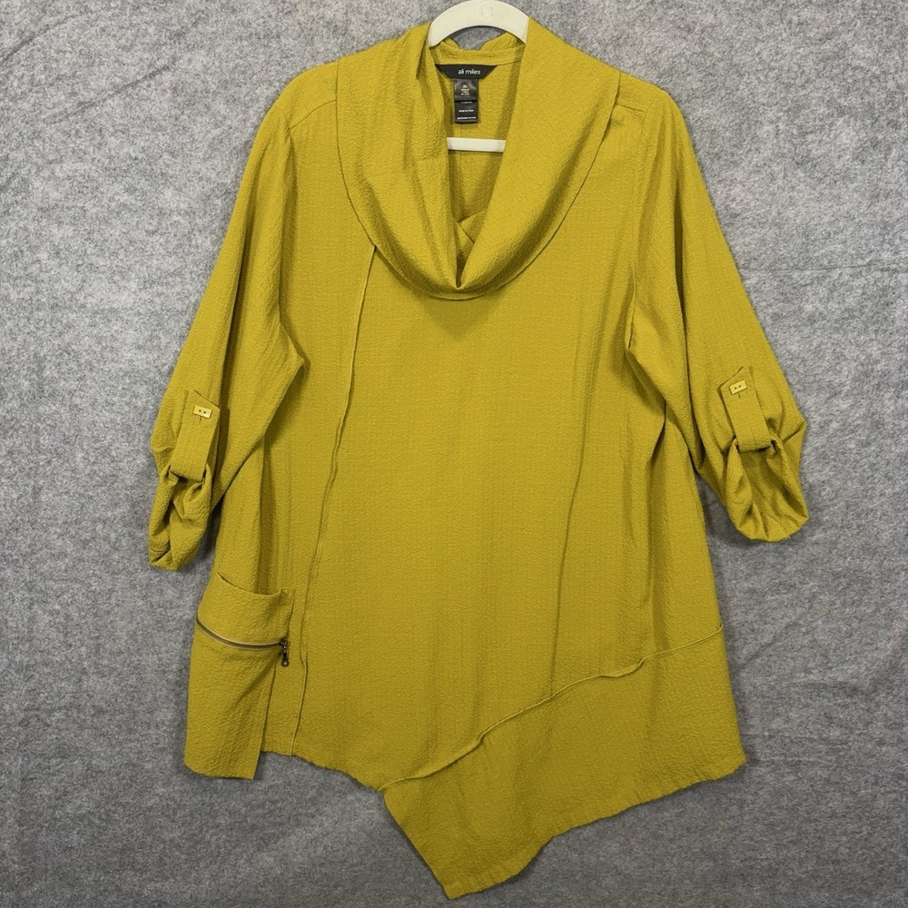 Ali Miles Blouse Women XL Honey Mustard Textured Drape Neck Pocket Lightweight
